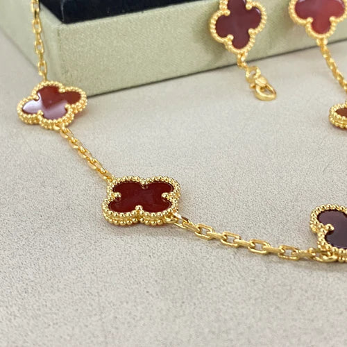 Conjunto Collar 10 Tréboles y Pendiente Rojo - Oro 18k