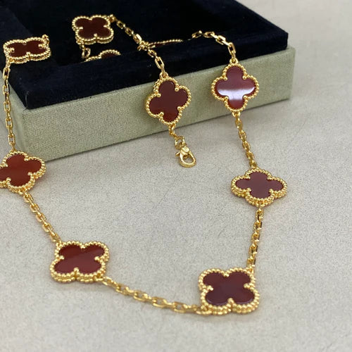 Conjunto Collar 10 Tréboles y Pendiente Rojo - Oro 18k