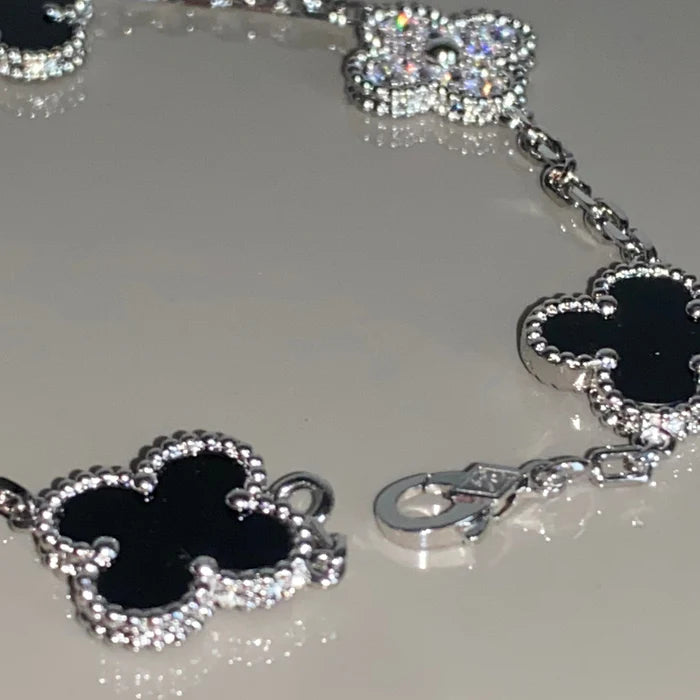 Conjunto Alhambra Trevo Collar 10 Trevos y Pulsera SnowFlake - Plata de Ley