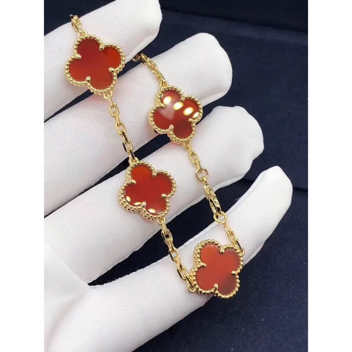 Conjunto Alhambra Trevo Collar 10 Trevos y Pulsera Roja - Oro 18K