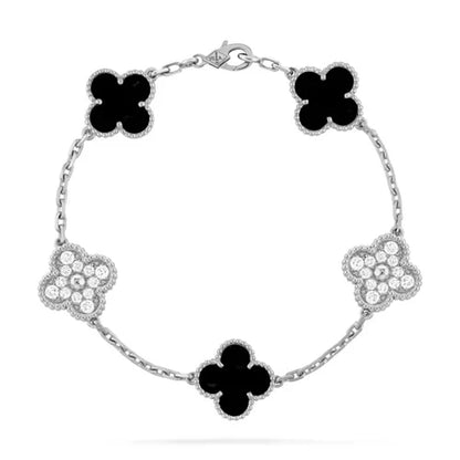 Conjunto Alhambra Trevo Collar 10 Trevos y Pulsera SnowFlake - Plata de Ley