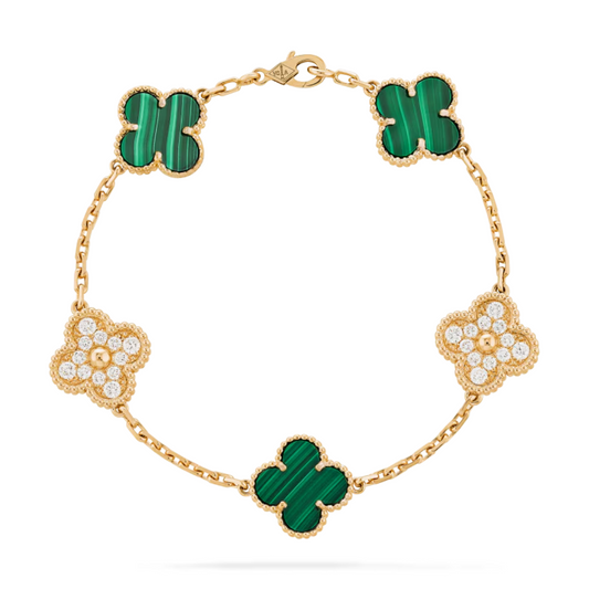 Pulsera Vintage Alhambra 5 Motivos Copo de Nieve Verde - Oro 18K