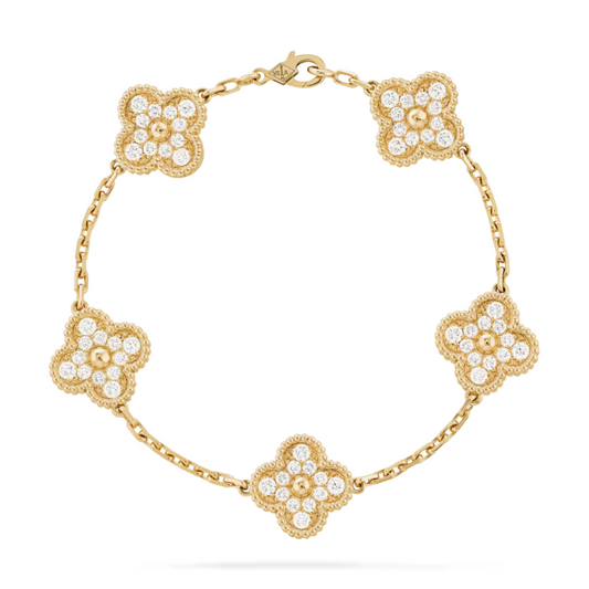 Pulsera Vintage Alhambra 5 Motivos Cravejada Floco de Neve - Ouro 18K