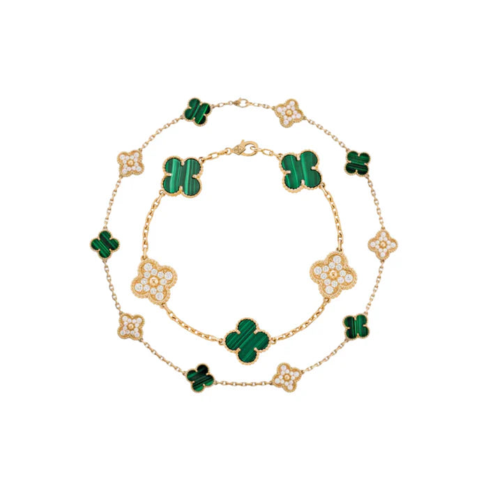 Conjunto Alhambra Trevo Collar 10 Trevos y Pulsera SnowFlake Verde - Oro 18K