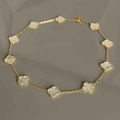 Conjunto Alhambra Trevo Collar 10 Trevos y Pulsera Blanca - Oro 18K