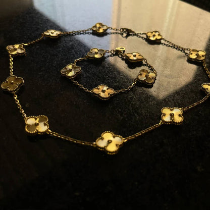 Conjunto Alhambra Trevo Collar 10 Tréboles y Pulsera Brillante - Oro 18K