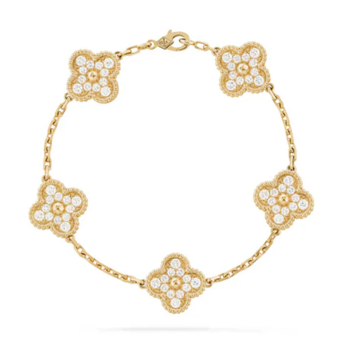 Conjunto Alhambra Trevo Colar 10 Trevos e Pulseira Cravejado Snowflake - Ouro 18K