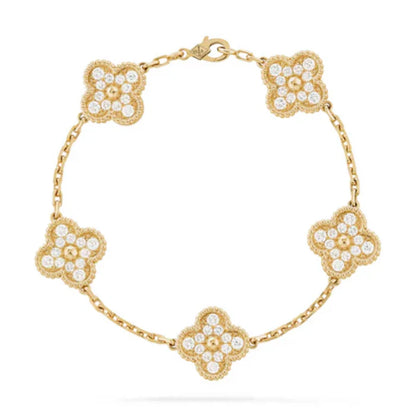 Conjunto Alhambra Trevo Colar 10 Trevos e Pulseira Cravejado Snowflake - Ouro 18K