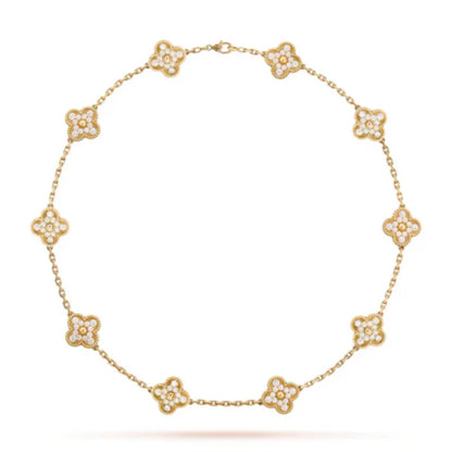 Conjunto Alhambra Trevo Colar 10 Trevos e Pulseira Cravejado Snowflake - Ouro 18K