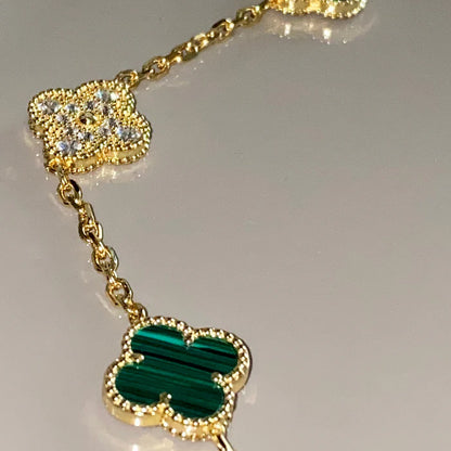 Conjunto Alhambra Trevo Collar 10 Trevos y Pulsera SnowFlake Verde - Oro 18K