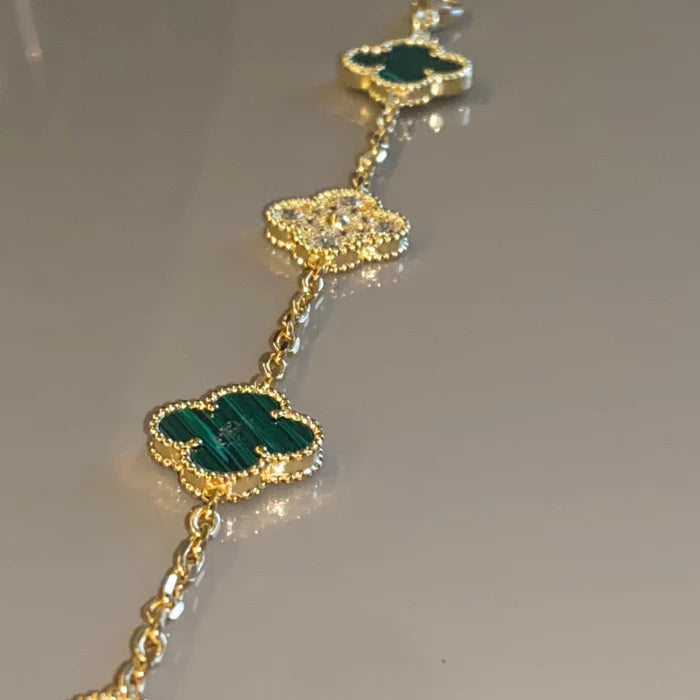 Conjunto Alhambra Trevo Collar 10 Trevos y Pulsera SnowFlake Verde - Oro 18K