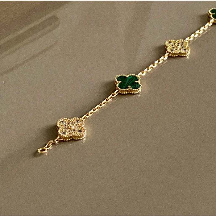 Conjunto Alhambra Trevo Collar 10 Trevos y Pulsera SnowFlake Verde - Oro 18K