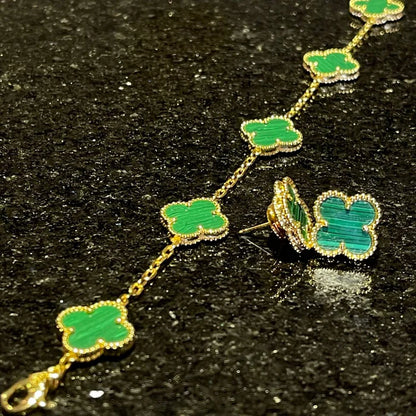 Conjunto Alhambra Trevo Collar 10 Trevos y Pulsera Verde - Oro 18K