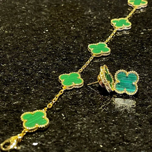 Conjunto Collar 10 Tréboles y Pendiente Verde - Oro 18k