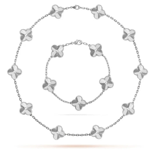 Conjunto Alhambra Trevo Collar 10 Tréboles y Pulsera Brillante - Plata de Ley