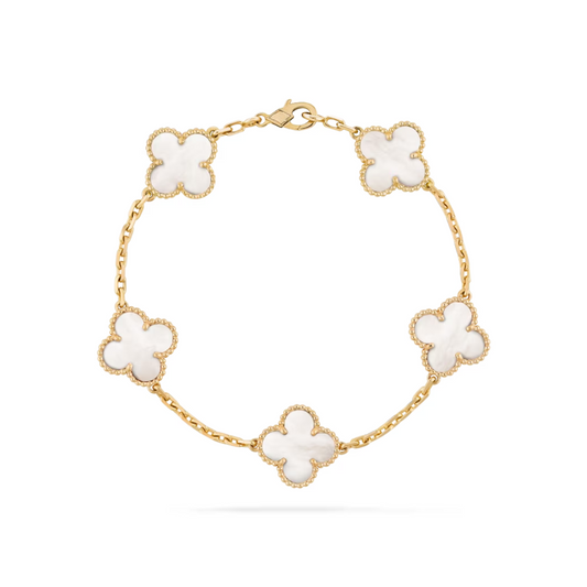 Pulsera Vintage Alhambra 5 Motivos Blanco - Oro 18K